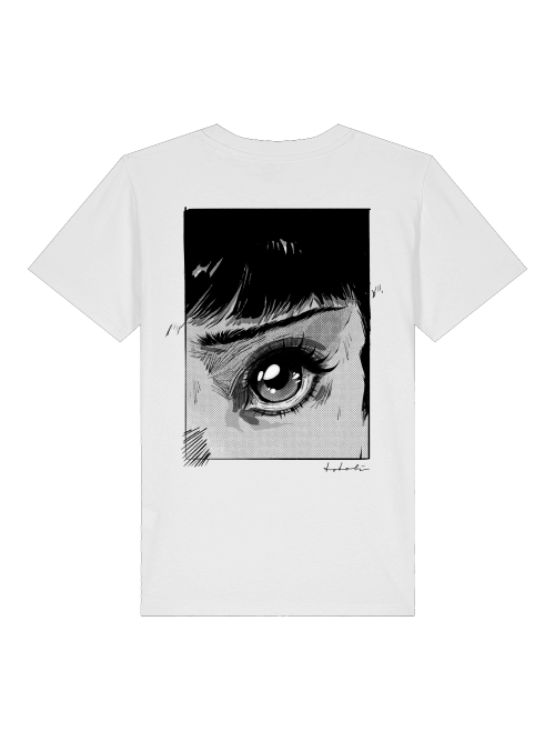 Rückenansicht eines weißen Kinder T-Shirts, markanter schwarzer Backprint mit handgezeichnetem Retro 80er Jahre Manga-Auge, Mini Manga