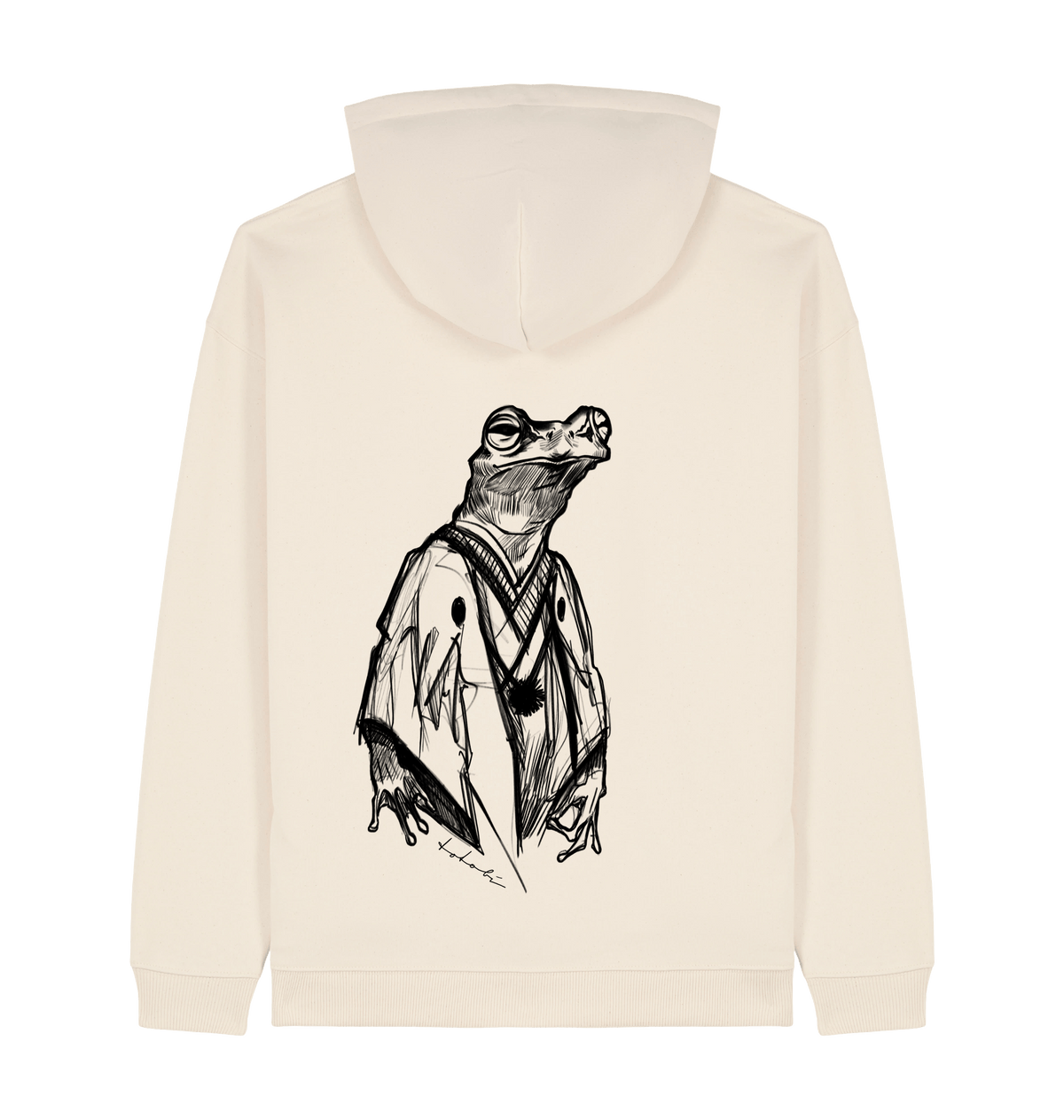 Japan Streetwear Hoodie Rückseite mit handgezeichnetem Master Kaeru Frosch Motiv im Kimono und rohem Sumi-e Stil.