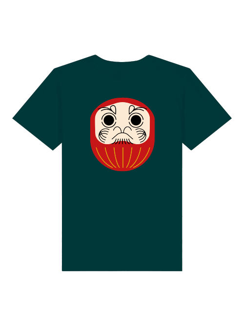 Vorderseite eines dunkelgrünen Kinder T-Shirts. Zentrierter, handgezeichneter Print eines traditionellen roten japanischen Daruma-Glücksbringers.