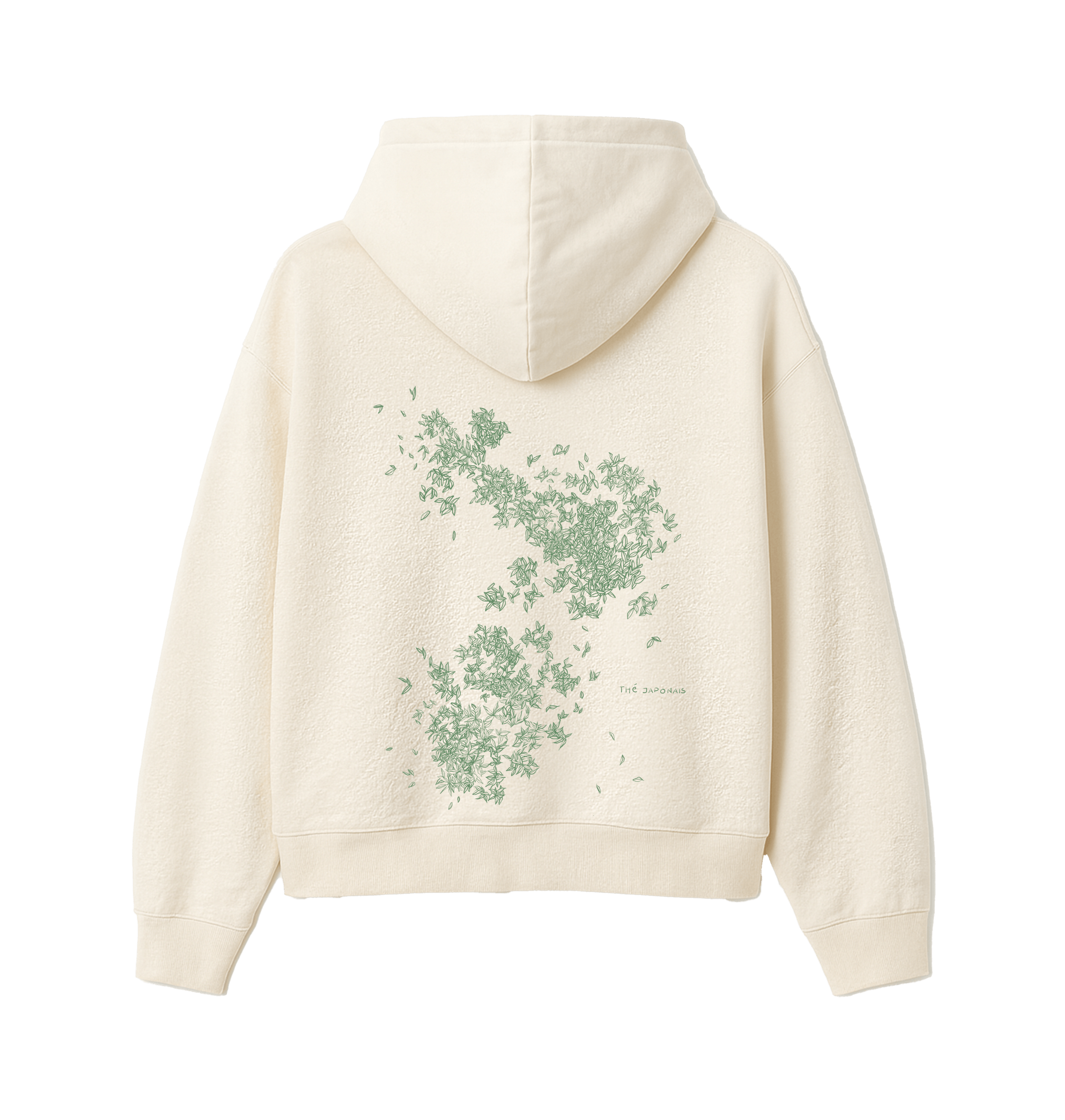 Rückseite eines naturweißen (Natural Raw), kurz geschnittenen Damen-Hoodies. Ein zarter, grüner Aufdruck zeigt einen großen Schwarm detailreich gezeichneter, im Wind fliegender Teeblätter. Unten rechts befindet sich der feine Schriftzug "THÉ JAPONAIS".