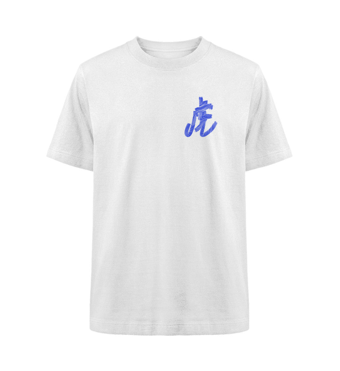 Weißes Heavyweight T-Shirt im Oversized Fit mit einem kleinen, blauen japanischen Kanji-Schriftzeichen für Tiger auf der Brust von totobi.